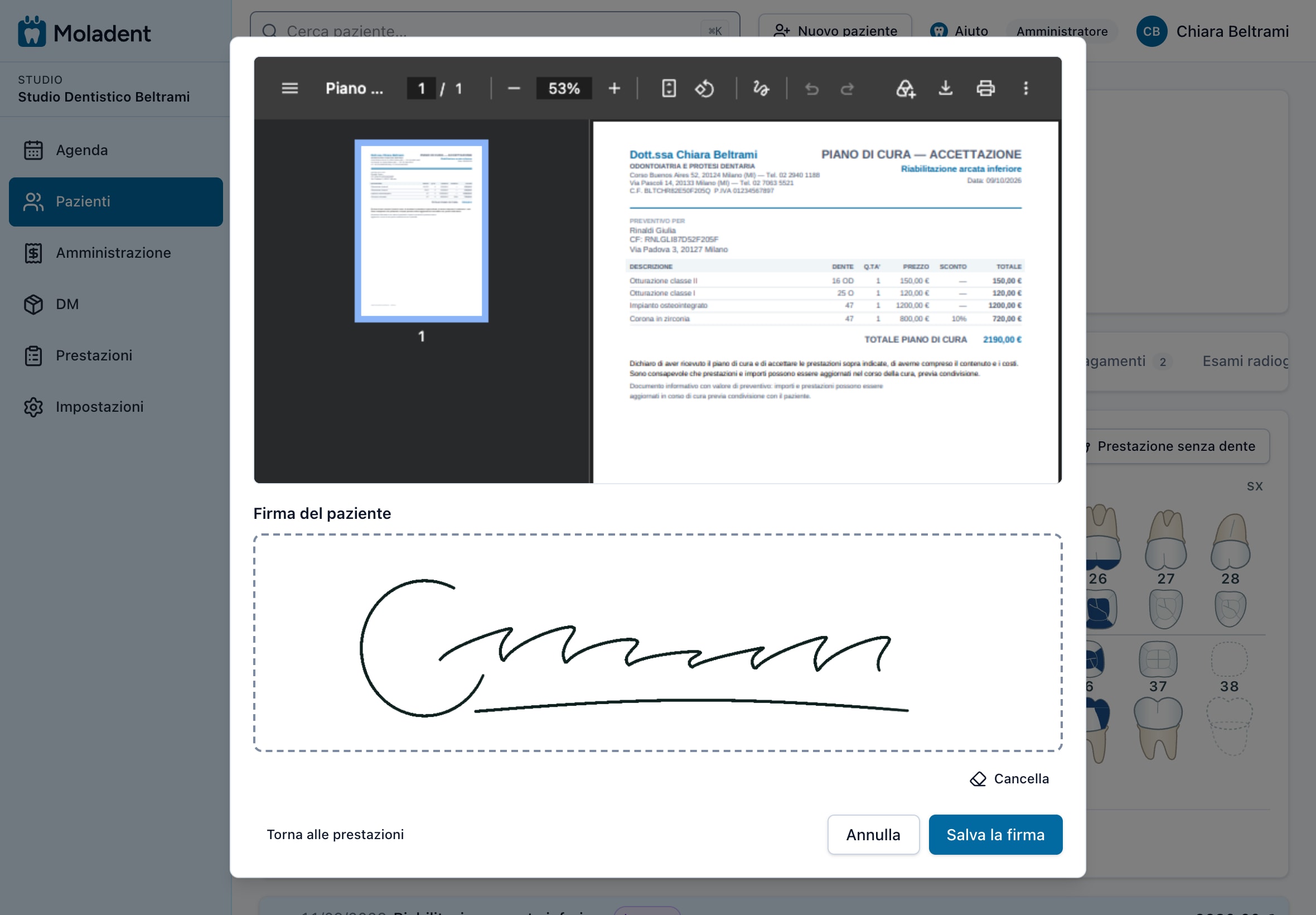 Sul tablet, il preventivo da firmare con il riquadro della firma del paziente