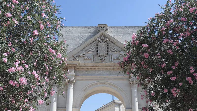 Un antico arco in pietra a Lecce, tra gli oleandri in fiore